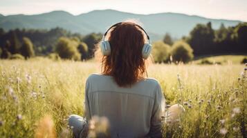 ai generato musica terapia, armonia, mentale Salute concetto. bella giovane donna godendo musica con cuffie all'aperto. donna indossare cuffie godendo musica e bene vibrazioni foto