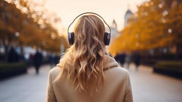 ai generato musica terapia, armonia, mentale Salute concetto. bella giovane donna godendo musica con cuffie all'aperto. donna indossare cuffie godendo musica e bene vibrazioni foto