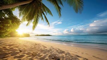 ai generato cielo tramonto a spiaggia scenario, se è il caldo tonalità di un' Alba o tramonto, scintillante riflessione di il sole su il nuvole, il cielo e nuvole avere il energia per ispirare foto