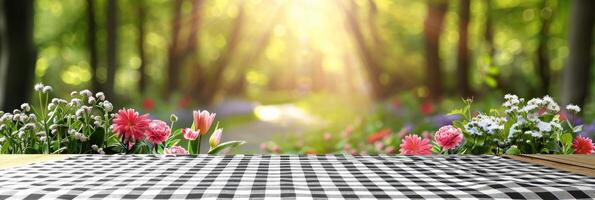 ai generato primavera tavolo con alberi nel fioritura e sfocato soleggiato giardino nel sfondo foto