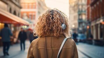 ai generato musica terapia, armonia, mentale Salute concetto. bella giovane donna godendo musica con cuffie all'aperto. donna indossare cuffie godendo musica e bene vibrazioni foto