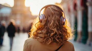 ai generato musica terapia, armonia, mentale Salute concetto. bella giovane donna godendo musica con cuffie all'aperto. donna indossare cuffie godendo musica e bene vibrazioni foto