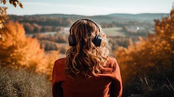 ai generato musica terapia, armonia, mentale Salute concetto. bella giovane donna godendo musica con cuffie all'aperto. donna indossare cuffie godendo musica e bene vibrazioni foto