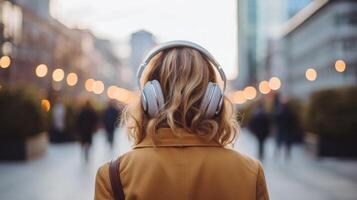 ai generato musica terapia, armonia, mentale Salute concetto. bella giovane donna godendo musica con cuffie all'aperto. donna indossare cuffie godendo musica e bene vibrazioni foto