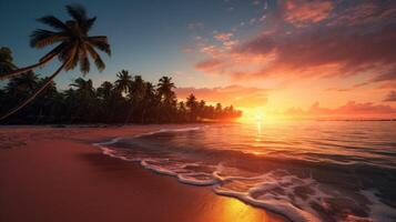 ai generato cielo tramonto a spiaggia scenario, se è il caldo tonalità di un' Alba o tramonto, scintillante riflessione di il sole su il nuvole, il cielo e nuvole avere il energia per ispirare foto