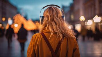 ai generato musica terapia, armonia, mentale Salute concetto. bella giovane donna godendo musica con cuffie all'aperto. donna indossare cuffie godendo musica e bene vibrazioni foto