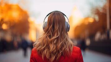 ai generato musica terapia, armonia, mentale Salute concetto. bella giovane donna godendo musica con cuffie all'aperto. donna indossare cuffie godendo musica e bene vibrazioni foto