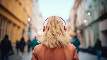 ai generato musica terapia, armonia, mentale Salute concetto. bella giovane donna godendo musica con cuffie all'aperto. donna indossare cuffie godendo musica e bene vibrazioni foto