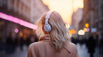 ai generato musica terapia, armonia, mentale Salute concetto. bella giovane donna godendo musica con cuffie all'aperto. donna indossare cuffie godendo musica e bene vibrazioni foto