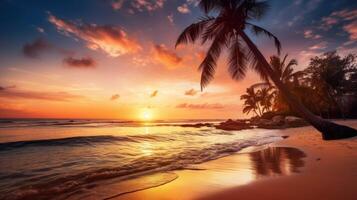 ai generato cielo tramonto a spiaggia scenario, se è il caldo tonalità di un' Alba o tramonto, scintillante riflessione di il sole su il nuvole, il cielo e nuvole avere il energia per ispirare foto