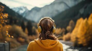 ai generato musica terapia, armonia, mentale Salute concetto. bella giovane donna godendo musica con cuffie all'aperto. donna indossare cuffie godendo musica e bene vibrazioni foto