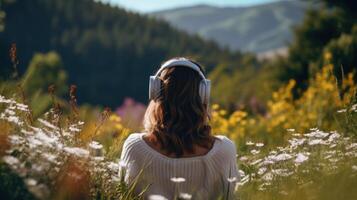 ai generato musica terapia, armonia, mentale Salute concetto. bella giovane donna godendo musica con cuffie all'aperto. donna indossare cuffie godendo musica e bene vibrazioni foto