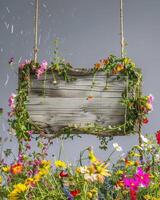 ai generato un' fatto a mano di legno cartello sospeso di vite corde e circondato di colorato fiori foto