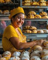 ai generato un' panettiere nel un' forno, lei è cottura al forno pane con un' Sorridi foto