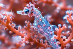 ai generato il marino cavalluccio marino si illumina con luminescente contro di il buio mare professionale fotografia foto