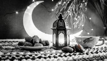 ai generato tradizionale Ramadan e eid lanterna lampada con mezzaluna Luna, date e frutta nel un' ciotola su tappeto, generato ai foto