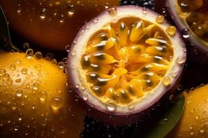 ai generato avvicinamento di un' succoso passione frutta dimezzato, rivelatrice il semi, circondato di fresco totale frutta con acqua goccioline foto