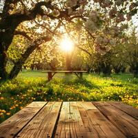 ai generato primavera tavolo con alberi nel fioritura e sfocato soleggiato giardino nel sfondo foto