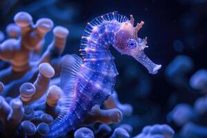 ai generato il marino cavalluccio marino si illumina con luminescente contro di il buio mare professionale fotografia foto