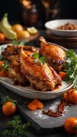 ai generato pollo gambe con salsa e verdure su un' piatto foto