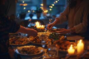 ai generato un' gruppo di persone in piedi in giro un' tavolo pieno con cibo, godendo ogni altri azienda e indulgere nel un' delizioso pasto insieme. foto