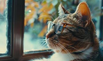 ai generato carino soriano gatto indossare bicchieri e guardare su il finestra. foto