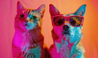 ai generato ritratto di un' gatto e un' cane con occhiali da sole su un' colorato sfondo foto