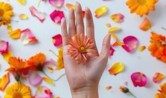 ai generato avvicinamento di un' donna di mano Tenere colorato fiore petali foto