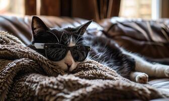 ai generato carino gatto con occhiali da sole dire bugie su un' divano nel il camera. foto