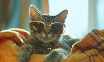 ai generato carino soriano gatto indossare occhiali da sole dire bugie su letto a casa. foto