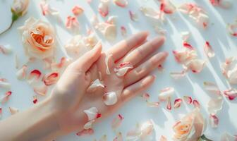 ai generato donna di mano su bianca sfondo con fiore petali in giro foto