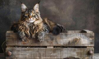 ai generato Maine coon gatto seduta con orgoglio in cima un' rustico di legno gabbia foto