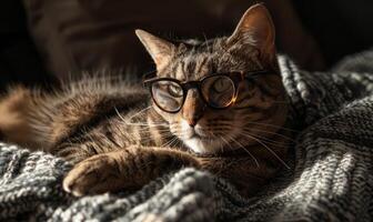 ai generato carino gatto con occhiali riposo su plaid a casa foto