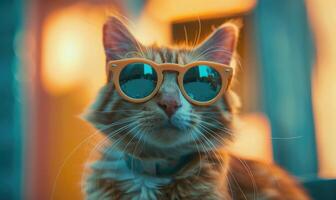 ai generato ritratto di un' gatto nel occhiali da sole su il sfondo di il città foto