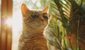 ai generato ritratto di un' Zenzero gatto nel occhiali da sole su il sfondo di verde impianti. foto