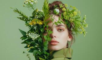 ai generato ritratto di bellissimo ragazza con floreale ghirlanda su testa su verde sfondo foto