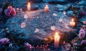 ai generato antico astrologico cartello di zodiaco e ardente candele su un' buio marmo sfondo foto