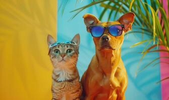 ai generato cane e gatto nel occhiali da sole su un' blu-giallo sfondo foto