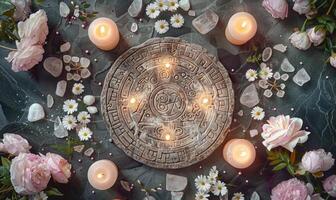 ai generato astrologico simboli su un' nero pietra con candele e fiori. foto