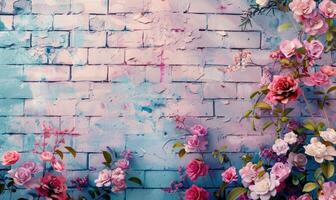 ai generato rosa Rose su vecchio bianca mattone parete sfondo con grunge struttura. copia spazio per testo. foto