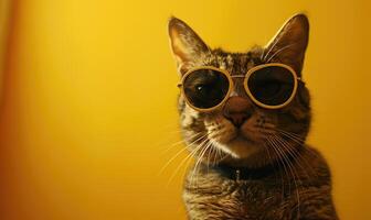 ai generato gatto indossare occhiali da sole su giallo sfondo, avvicinamento. spazio per testo foto