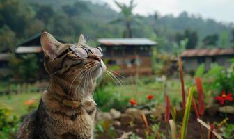 ai generato gatto indossare bicchieri nel il giardino con natura sfondo, selettivo messa a fuoco. foto