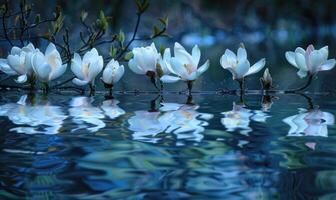 ai generato magnolia fiori riflessa nel il ancora acque di un' tranquillo stagno. magnolia fiori toccare acqua superficie foto