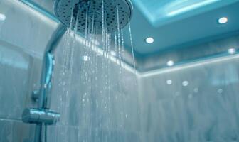 ai generato doccia testa nel moderno bagno con sfocato bokeh sfondo. foto