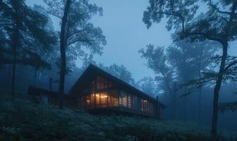 ai generato mattina nebbia avvolgente un' contemporaneo di legno cabina nascosto in profondità entro un' primavera giardino pieno con fioritura iridi e gigli foto