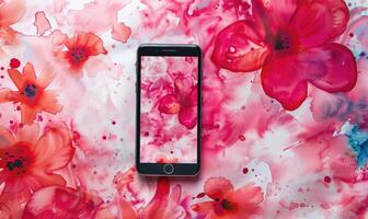 ai generato artistico smartphone modello contro un' vivace acquerello floreale senza soluzione di continuità sfondo foto