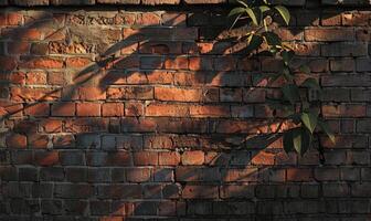 ai generato il ombra di il pianta su il vecchio mattone parete a tramonto. foto