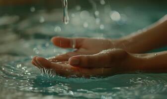 ai generato avvicinamento di donna mani lavaggio sua mani nel il nuoto piscina. foto