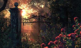 ai generato bellissimo arco nel il giardino a tramonto volta. foto