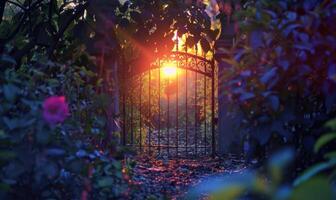 ai generato bellissimo arco nel il giardino a tramonto volta. foto